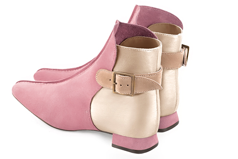 Carnation pink, gold and biscuit beige women's ankle boots with buckles at the back. Square toe. Flat flare heels. Rear view - Florence KOOIJMAN
